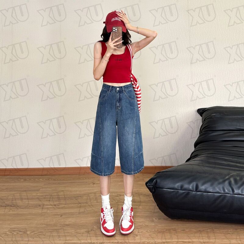 Petite Vintage Denim Capri Pants for Women, Summer Thin High-Waisted Loose Straight-Leg Mid-Length Pants, Patchwork Slimming Wide-Leg Pants Trendy Petite Vintage Denim Capri Pants for Women, Summer Thin High-Waisted Loose Straight-Leg Mid-Length Pants, Patchwork Slimming Wide-Leg Pants Trendy