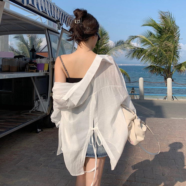 Sun Protection Clothing for Women 2026 Summer Thin Breathable Beach White Sun Protection Chiffon Shirt Backless Lace-Up Cardigan Top