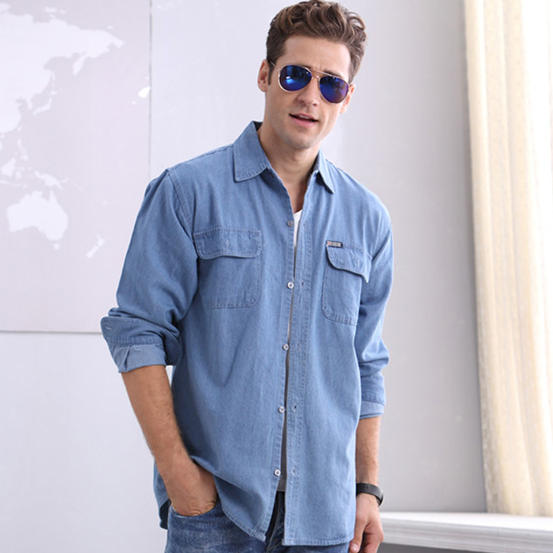 Trung niên và người già dài tay mùa xuân áo denim và mùa thu áo dài cộng với mã rửa bông nam denim