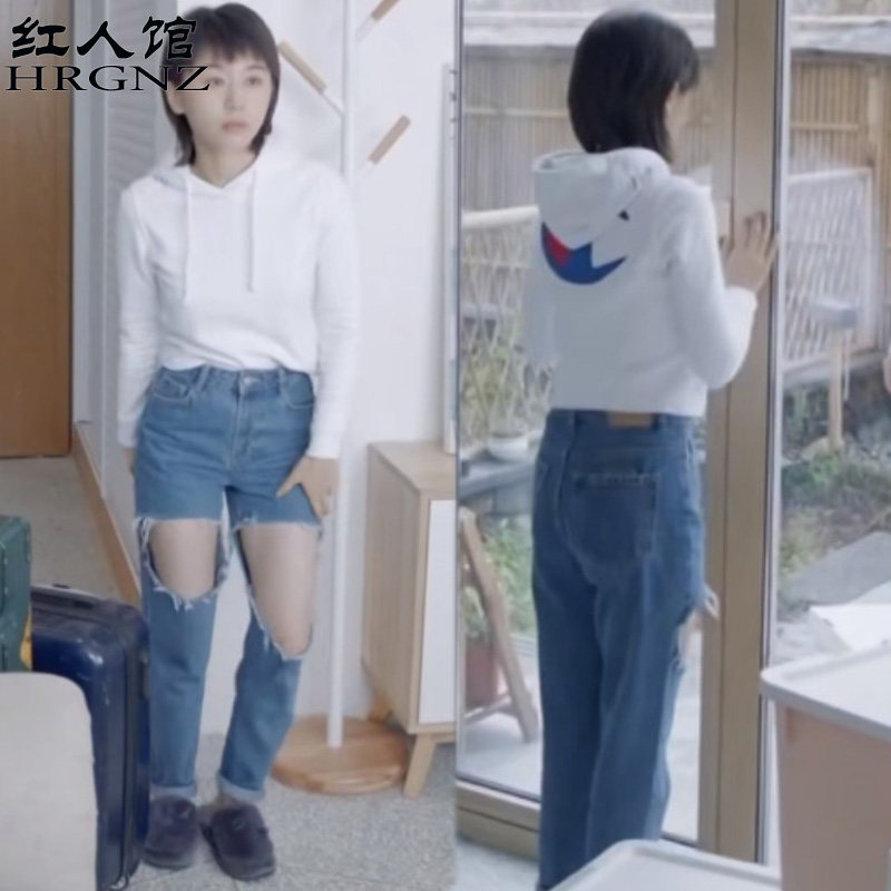 了不起的儿科医生王子文安安同款春秋白色连帽短款卫衣女学院上衣