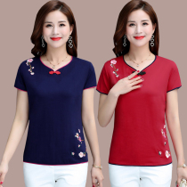 Middle-aged and elderly short-sleeved womens coat summer embroidery ethnic style cotton clothes middle-aged mother summer cotton T-shirt thin