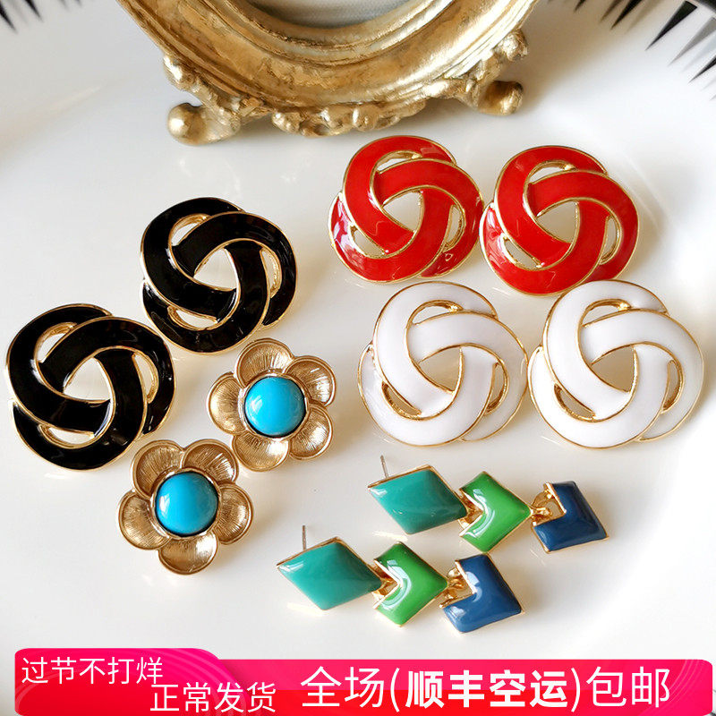 vintage overseas custom antique modern replica Joker enamel gold-plated anti-allergy 925 ear pin ear clip earrings