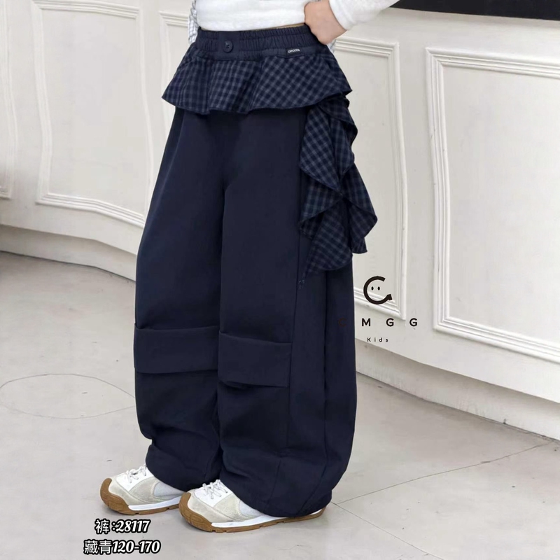 Call Me Gege Plaid Patchwork Waistband Girls' Autumn Loose Casual Pants 2026 New Autumn Children's Curved Pants