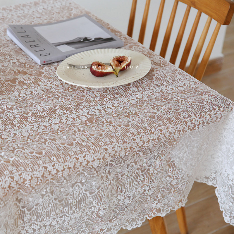 Fa-style retro aesthetic American light lavish white lace hollowed-out flower rectangular custom table cloth original design-Taobao