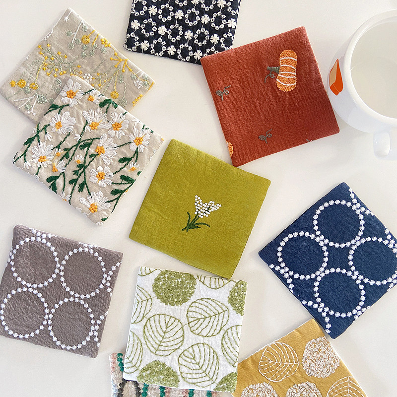 Dressmaking great uncles Hand work embroidered cotton linen cup mat INS fabric square heat insulation mat 4 up-Taobao