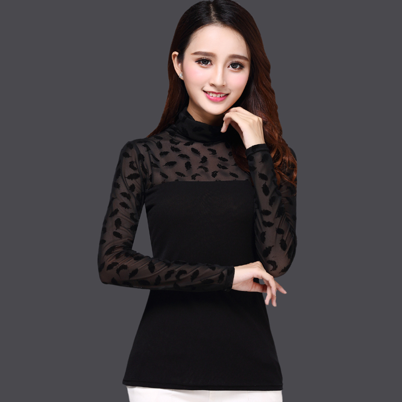 Phụ nữ mùa thu 2018 mới thời trang cao cổ áo lưới tay dài chạm đáy áo sơ mi nữ size lớn Áo thun thon gọn áo phông rộng nữ