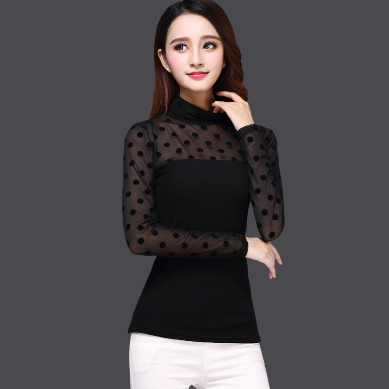 Phụ nữ mùa thu 2018 mới thời trang cao cổ áo lưới tay dài chạm đáy áo sơ mi nữ size lớn Áo thun thon gọn áo phông rộng nữ