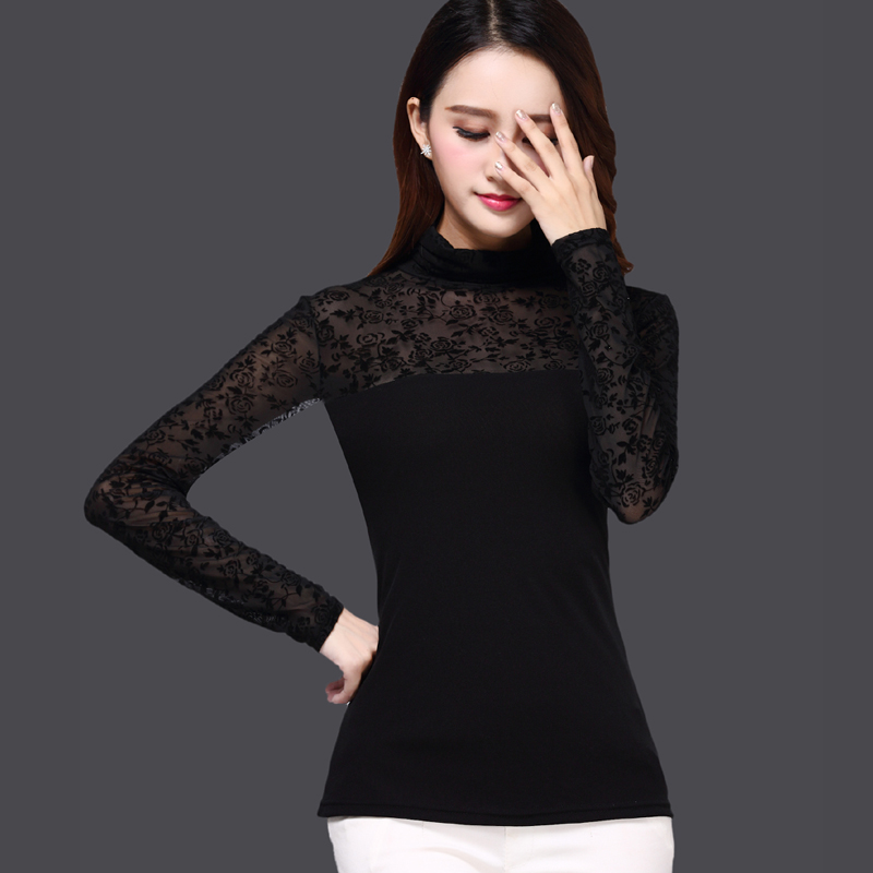 Phụ nữ mùa thu 2018 mới thời trang cao cổ áo lưới tay dài chạm đáy áo sơ mi nữ size lớn Áo thun thon gọn áo phông rộng nữ
