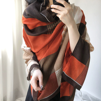 Scarf Womens Autumn Korean version of Joker Geometric Contrast Travel Shading Art Photo Cotton Long Silk Scarf Shawls