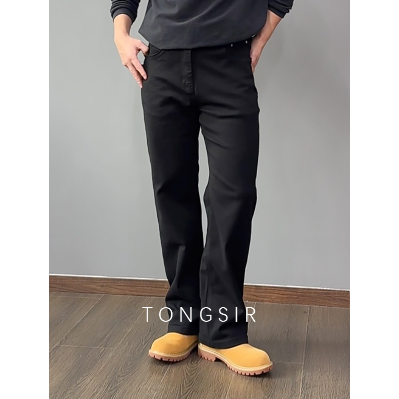 Tongsir【Anti-Fading Black Denim】Lyocell & Cotton Straight Loose Stretch Black Jeans Men's Casual Pants