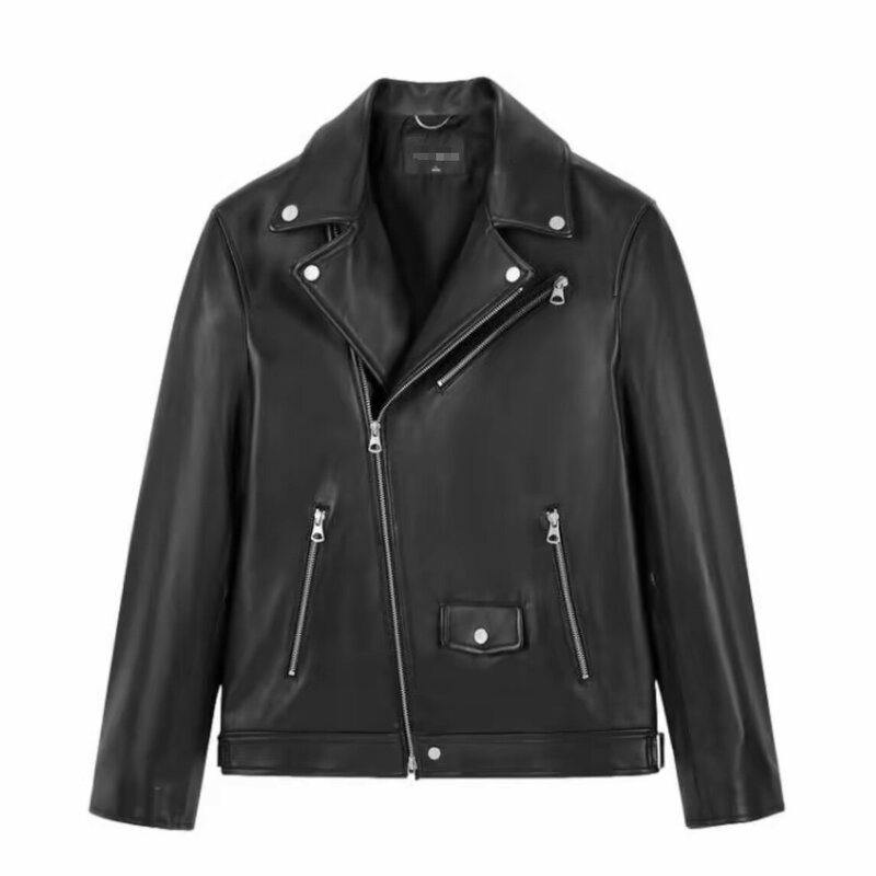 (Bird) Autumn and Winter Men's Sheepskin Leather Jacket Trendy Biker Leather Jacket Retro Zipper Jacket Genuine Leather Coat C4F09/G3