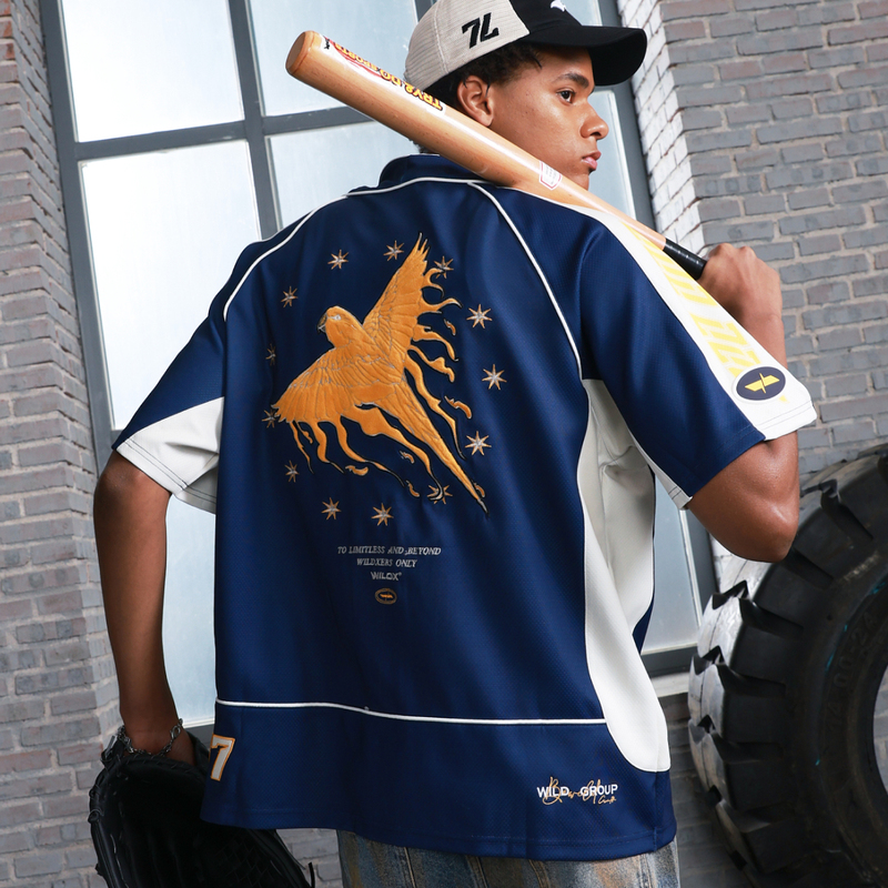 Wildx'Wings of Racing' Heavy Industry Baseball Cardigan American Embroidery Patch Towel Embroidery Loose Shirt Short Sleeve Wildx'Wings of Racing' Heavy Industry Baseball Cardigan American Embroidery Patch Towel Embroidery Loose Shirt Short Sleeve