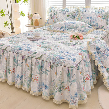 Korean Style Quilted Single-Piece Bed Skirt, Suitable for All Seasons, Lace Ruffle Edge Non-Slip Bed Cover Three-Piece Set, 2024 New Model