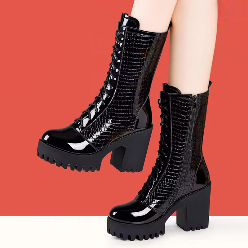 Patent Leather Martin Boots for Women 2026 New Autumn and Winter Thick-Soled High-Heeled Versatile Fleece-Lined Long Boots British Style Spring and Autumn Boots Patent Leather Martin Boots for Women 2026 New Autumn and Winter Thick-Soled High-Heeled Versatile Fleece-Lined Long Boots British Style Spring and Autumn Boots