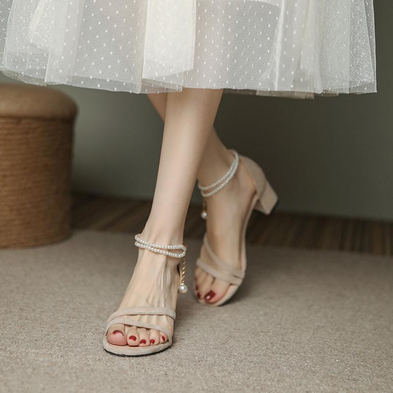 High-Heeled Shoes for Women in Summer, Suitable for Dresses and Cheongsam, Bridesmaid Fairy Style Chunky Heel Sandals, Mid-Heel French Style Small Size