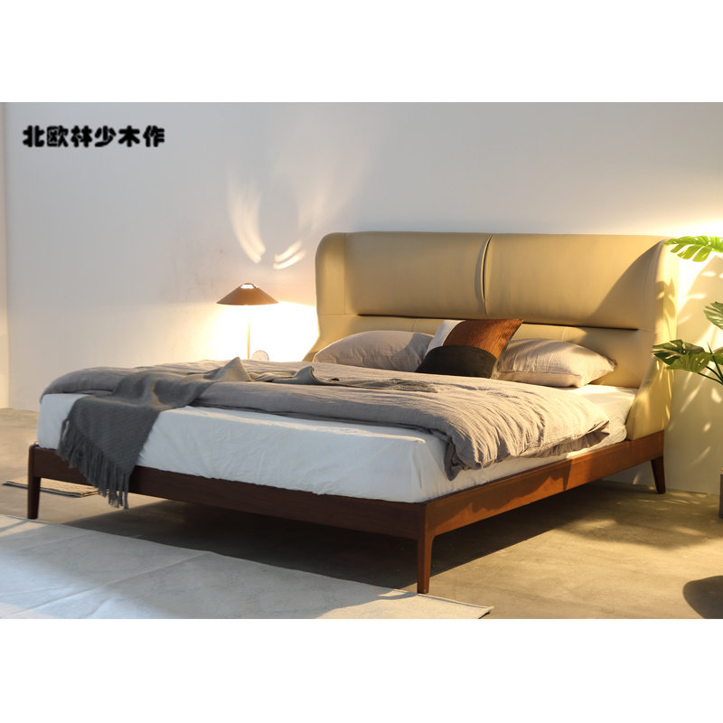 North American black walnut full solid wood leather bed new Chinese style solid wood leather soft bag double bedroom 1 8 meters high back bed