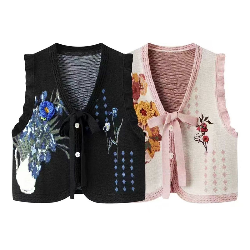 2026 Spring New Van Gogh Oil Painting Embroidered Knitted Vest for Women, Layered Wear Sweater with a Sense of Design