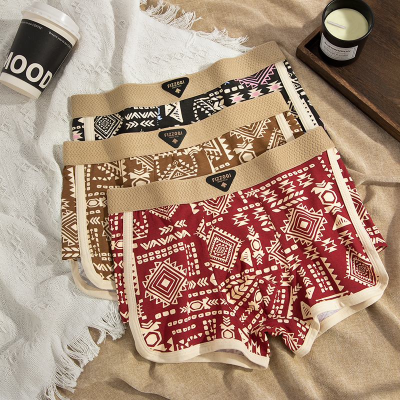 American Retro Ethnic Style Men's Underwear Pure Cotton Amaya Boxer Briefs Breathable Four-Corner Shorts Trendy Shorts Underwear