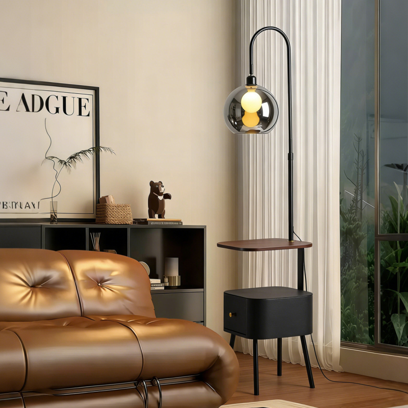 Retro Floor Lamp with Integrated Bedside Table, Mid-Century Italian Minimalist Style, Suitable for Bedroom and Living Room, with Storage and High-End Decorative Ambiance Lighting