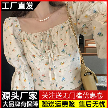 ເສື້ອແຟຣນ retro square collar floral shirt women's spring new design niche chic top short navel-baring shirt