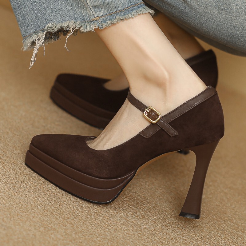 Waterproof Platform Cheongsam Model Runway High Heels, Pointed Toe, Chunky Heel, Single Strap Mary Jane Genuine Leather Work Shoes 10cm