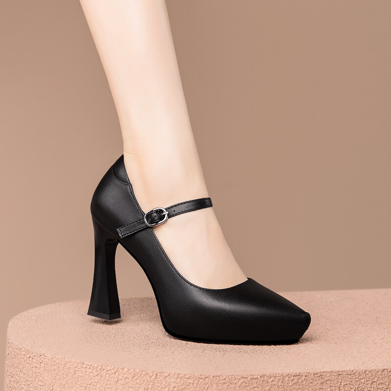 Waterproof Platform High Heels, One-Strap Cheongsam Model Runway Special Soft-Soled High Heels, Women's Chunky Heel Genuine Leather Work Shoes Waterproof Platform High Heels, One-Strap Cheongsam Model Runway Special Soft-Soled High Heels, Women's Chunky Heel Genuine Leather Work Shoes