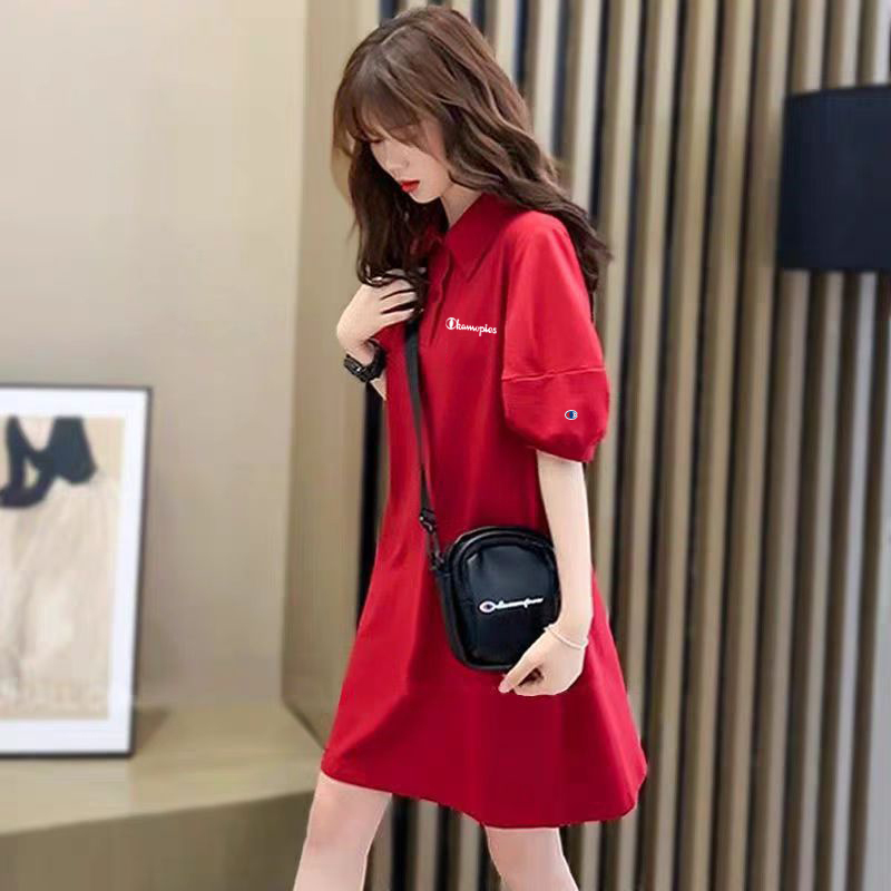 Japanese Style Champion Red Puff Sleeve Polo Dress with a Stylish Design That Covers the Belly and Makes Petite Figures Look Slimmer, T-Shirt Dress Japanese Style Champion Red Puff Sleeve Polo Dress with a Stylish Design That Covers the Belly and Makes Petite Figures Look Slimmer, T-Shirt Dress