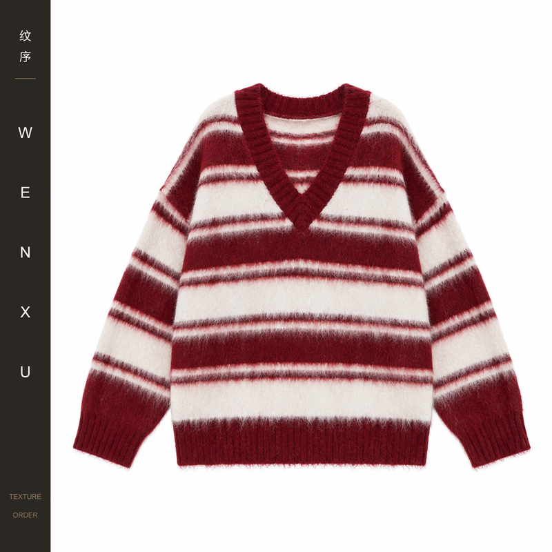 Wenxu | Red and White Striped V-Neck Soft and Cozy Lazy Style Sweater, Loose and Versatile, Age-Reducing Knit Top for Women, Autumn and Winter.