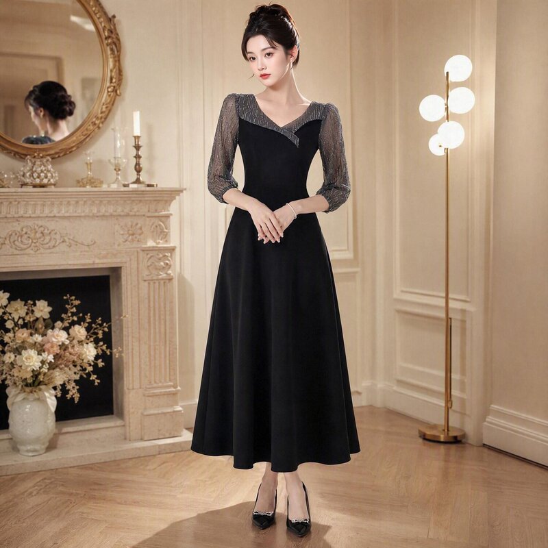 Simple and Elegant Black Evening Dress for Women with a Turn-Down V-Neck, Sequins, Sheer Long Sleeves, and Long Length for Annual Parties and Dinner Parties