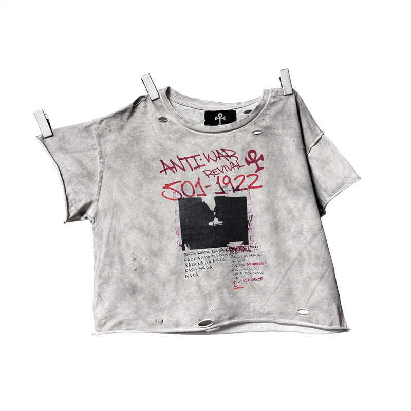 Antiwar.Revival Nada - Melancholy and Decadent Style Graffiti Ripped and Distressed Light-Colored Wide-Collar Short-Sleeved T-Shirt for Men