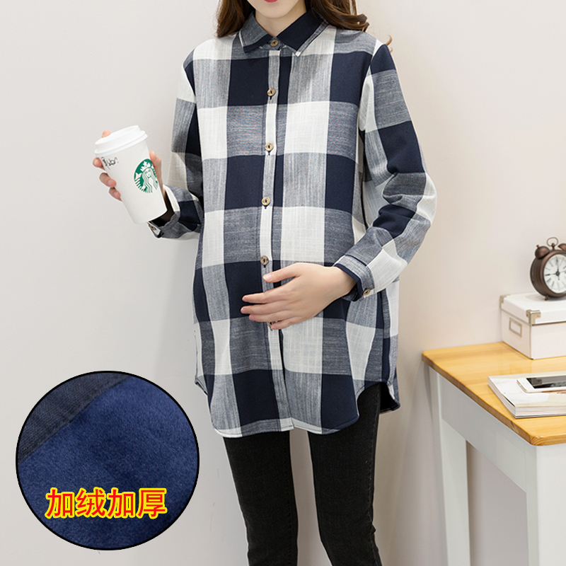 Winter new Korean plaid plus velvet pregnant women's shirt thickened warm top lapel maternity wear inside the shirt tide