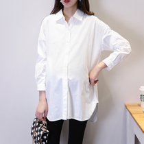 2021 New lapel collar long sleeve pregnant womens shirt loose size white shirt spring and autumn maternity dress bottoming top