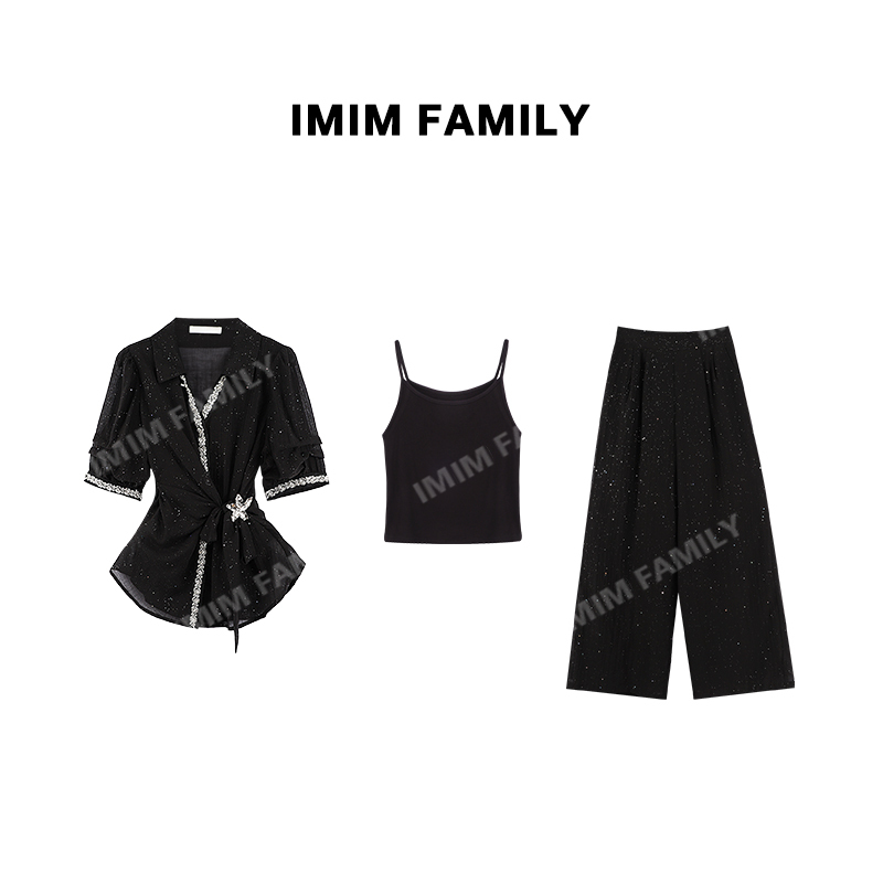 "Black Night Glitter" Set for Women, Light Luxury Mature Style, Twisted Waist Shirt and Wide-Leg Pants Two-Piece Set