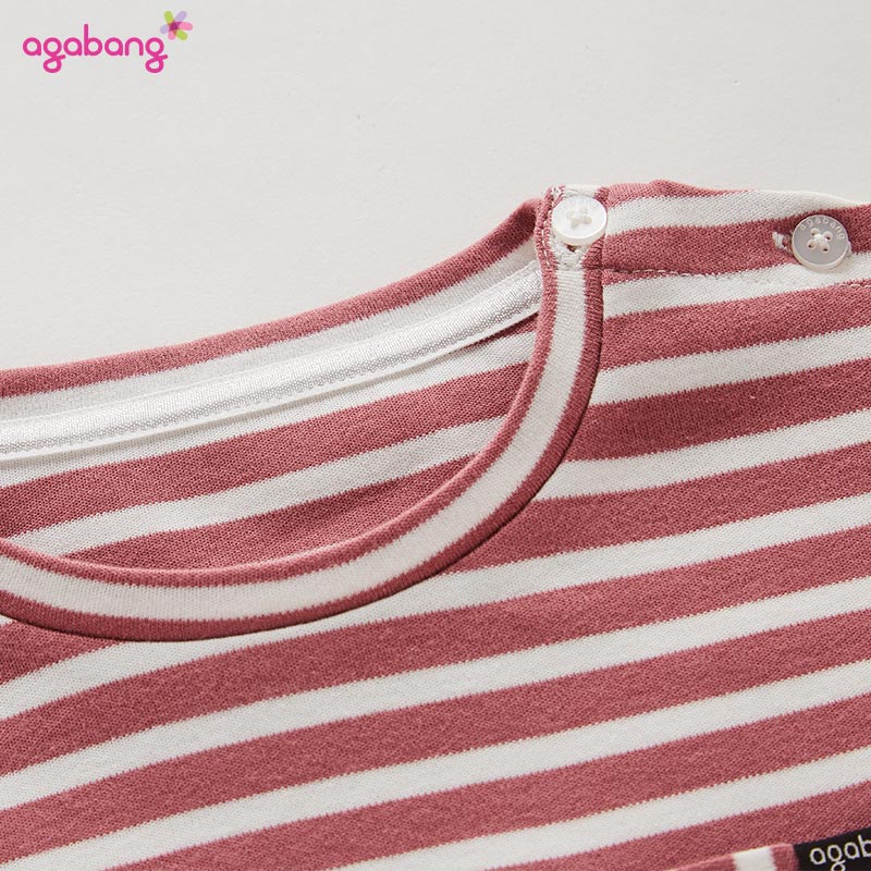 Agabang Aqabang Hàn Quốc mùa thu váy chàng trai cô gái bộ thời trang dài tay sọc áo thun cotton.