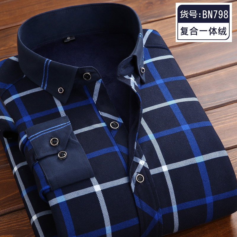 Mùa đông cộng với nhung dày trẻ lâu sleevewarm mens áo ấm cha trung niên mặc áo kẻ sọc cộng béo áo kích thước lớn.