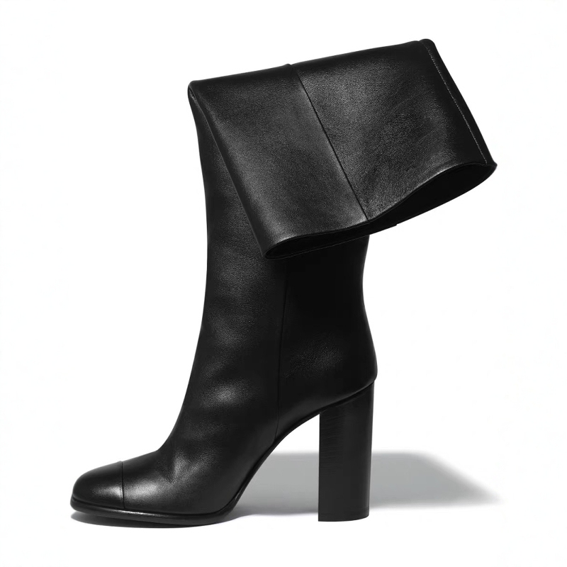 European and American Style High-Heeled Leather Boots, High Boots for Women, New Autumn and Winter 2026 Genuine Leather Round-Toe Versatile Slip-On Chunky Heel Long Boots