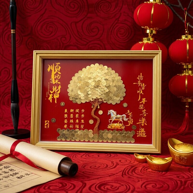 Housewarming and Business Opening Decorations: Wall Hanging Decorative Picture Frame with Golden Five-Pointed Coins, Money Tree Photo Frame Ornament, Gift