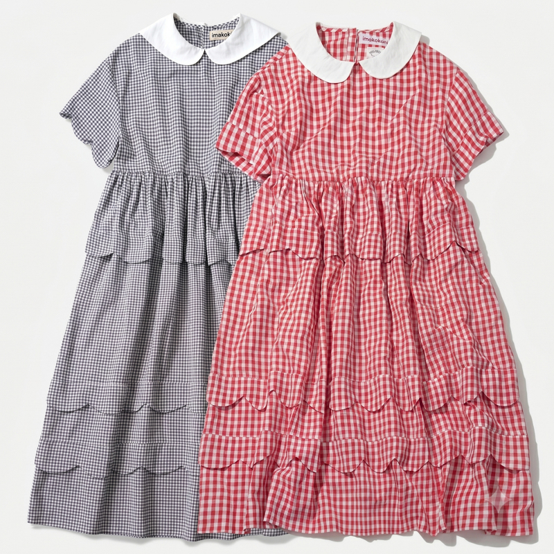 Retro Plaid Dress Imakokoni Original Summer Japanese Style Literary Doll Collar Short-Sleeved Loose A-Line Skirt F