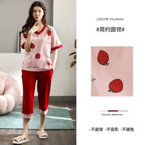 Pajamas ladies summer thin summer short sleeve cotton Capri pants leisure home clothes can go out loose two-piece set