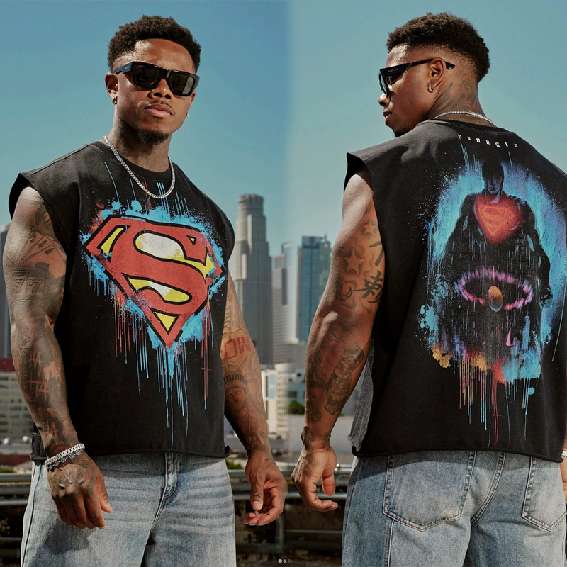 Youngla Superman Print Men's Sports T-Shirt Oversized Wide Shoulder Sleeveless American Fitness Training Wear Cotton Vest