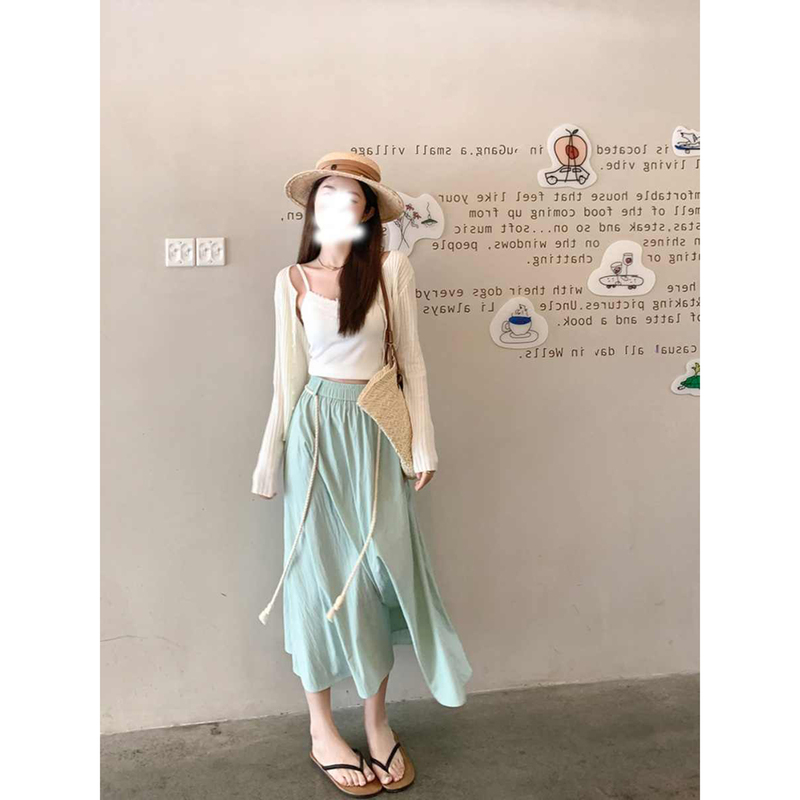 Mint Mambo Green Skirt Women's Summer Mid-Length Over-The-Knee Elegant A-Line Skirt Slimming Beach Swing Skirt