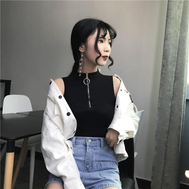 Summer Zipper High-Neck Vest for Women, Pure Cotton Outerwear, Stylish Top for Layering, Sleeveless T-Shirt, Hyuna-Style Small Vest