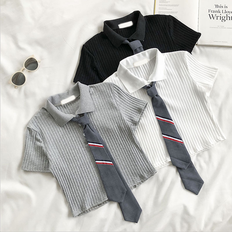 Sweet Preppy Style Polo Shirt with Tie, Short-Sleeved T-Shirt for Women, New Summer Crop Top with Pleated Skirt, Trendy