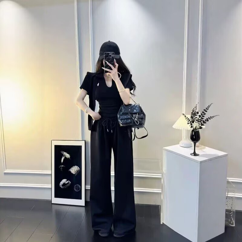 2026 Summer New American Sports Style Casual Sweatpants Drapey Wide-Leg Pants Long Pants Short-Sleeve Shawl Set for Women