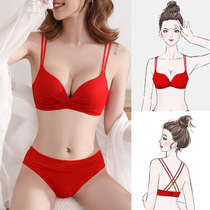 DK sexy red Benming year underwear womens small chest gathered seamless bra set beauty back adjustment ladies bra