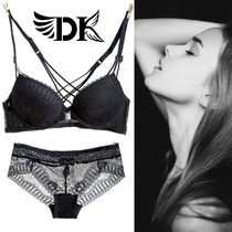 French DK beauty back front buckle bra set black lace sexy small chest underwear panties women gather thin bra
