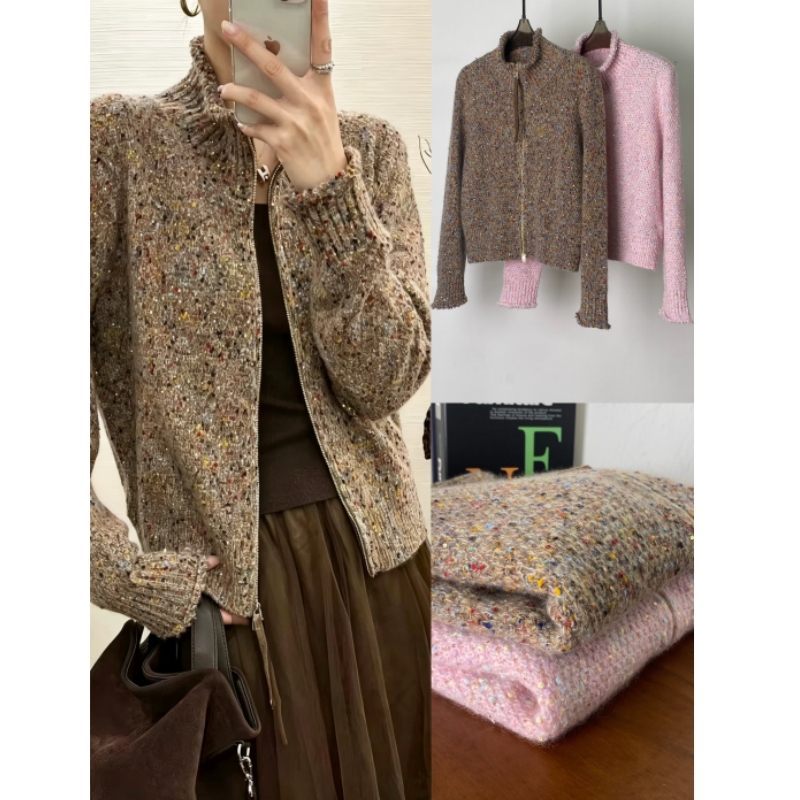 Shenzhen Yipin 26 Autumn New Fashion Stand Collar Double Zipper Floral Sequin Mulberry Silk Cashmere Knitted Cardigan for Women Shenzhen Yipin 26 Autumn New Fashion Stand Collar Double Zipper Floral Sequin Mulberry Silk Cashmere Knitted Cardigan for Women
