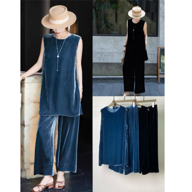 Shenzhen Yipin 26 Summer New Style High-End Round-Neck Vest Top + Eight-Quarter Casual Pants Silk Velvet Suit for Women Shenzhen Yipin 26 Summer New Style High-End Round-Neck Vest Top + Eight-Quarter Casual Pants Silk Velvet Suit for Women