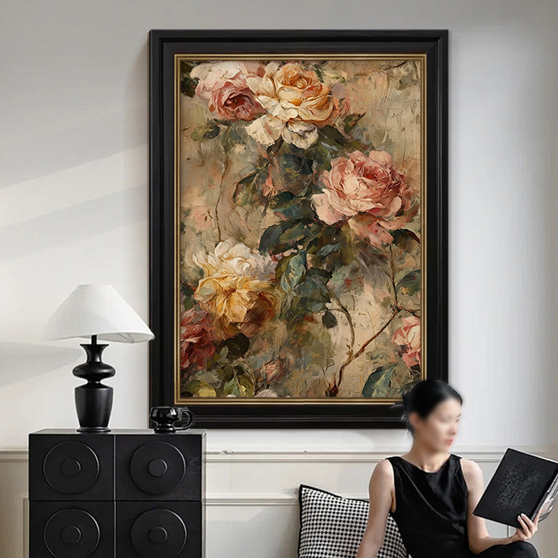 French-Style Vintage Peony Hand-Painted Oil Painting Living Room Decorative Painting Art Restaurant Hanging Painting Mid-Century Style Entrance Painting American Style