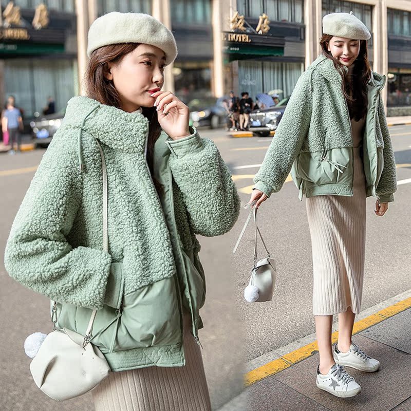 冬装2019年新款颗粒绒拼接外套韩版萌棉服女短款学生加厚小棉袄潮